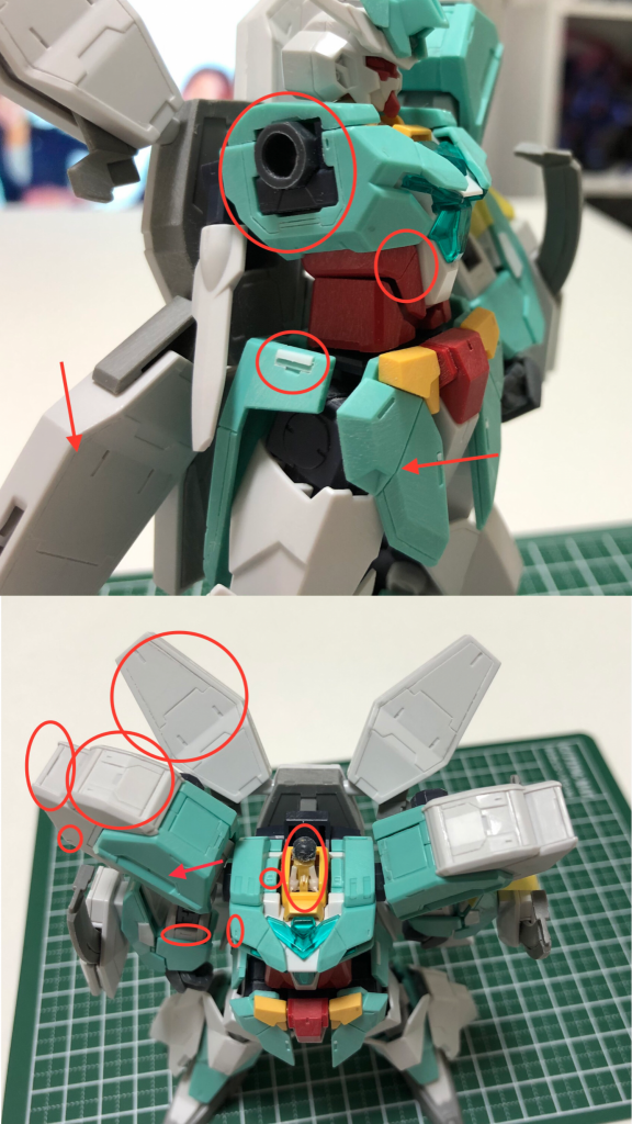 脇や肩、バックパックの裏側、そして特に首周辺のディテールアップを行いました。パックパックのグレーの所に肉抜きがあったのでプラ板で埋めましたが写真撮り忘れました(汗