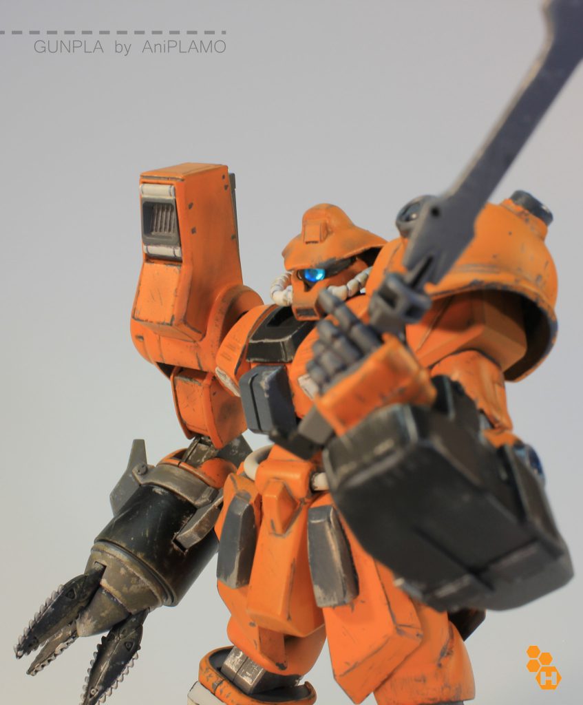 Left arm is reinforced and protects inner frame and machinery from shockwaves when using rocket-propelled pickaxe.