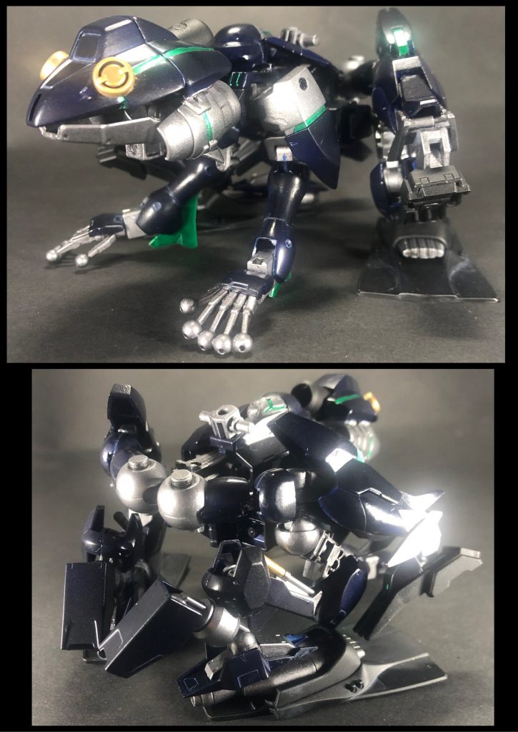 カエル型MA(モビルアニマル)「ジライヤ」コアガンダム・ハヤテが使役するカエル型のMA(モビルアニマル)。MBと同様AIを搭載しており、クールな性格でイケボなのだが、語尾に「ケロ」が付いてしまう残念なイケメン(カッコいいのに間抜けな感じ)。疾風流忍術の基本理念「心技体」を司る3体のMAのうち、技を担当する。水陸両用(宇宙空間も可)、ハヤテ以上のステルス機能(後述)、豊富な武装などにより、MA3体のうち一番バランスが取れている。ジライヤという名前は、有名な架空の忍者である自来也(蝦蟇の妖術を使う忍者)から取っている。＊MA(モビルアニマル)とは？コアガンダム・ハヤテに付従する動物型のガンプラの総称。広い意味合いではモビルアーマーと同じく局地戦用兵器で、人型と大きく異なったシルエットである点でも同じと言える。ハヤテが使用するMAは、コアガンダム用アーマーの搭載、単独での戦闘能力の付与という2つの特徴を持つ。四神や聖獣はMB(モビルビースト、ビースト＝聖獣の意)と呼ばれるが、動物型なのは共通であるものの、MBは合体などの特殊機構を採用している点からコンセプト的には別のカテゴリーになる。＊雑記①使ったガンプラは主にコアガンダムのアーマー類、ガデッサなどなど。元々は合体時に余るアーマーの基部を使って何か作れないか？という発想からで、まさかカエルになるとは思ってもみませんでしたwカエル頭部はBB戦国アストレイを使用。我ながらいい思いつきでした(^^)では少し動かしてみましょう！