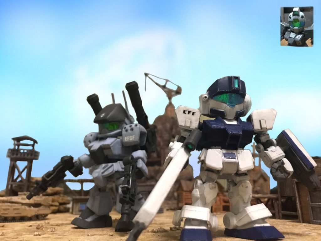 本当は前に作ったホワイトディンゴ仕様のジムも並べたかったけど、CSガンダムがどこにも売ってないので体を貰いました。