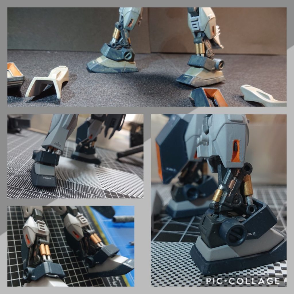 最後に、完成品ではほぼ見えないのですが、足の部分がHGにしては細かく作られており、フレーム部分がチラ見えするようになっています。個人的にお気に入りの部分なのでカッパー/ゴールド/シルバー/焼鉄系の４色で細かく塗り分けてみました。時々、外装パーツを外して眺めたりする自己満ポイントです😊🍀以上、今回も長文で失礼しました。ありがとうございます。