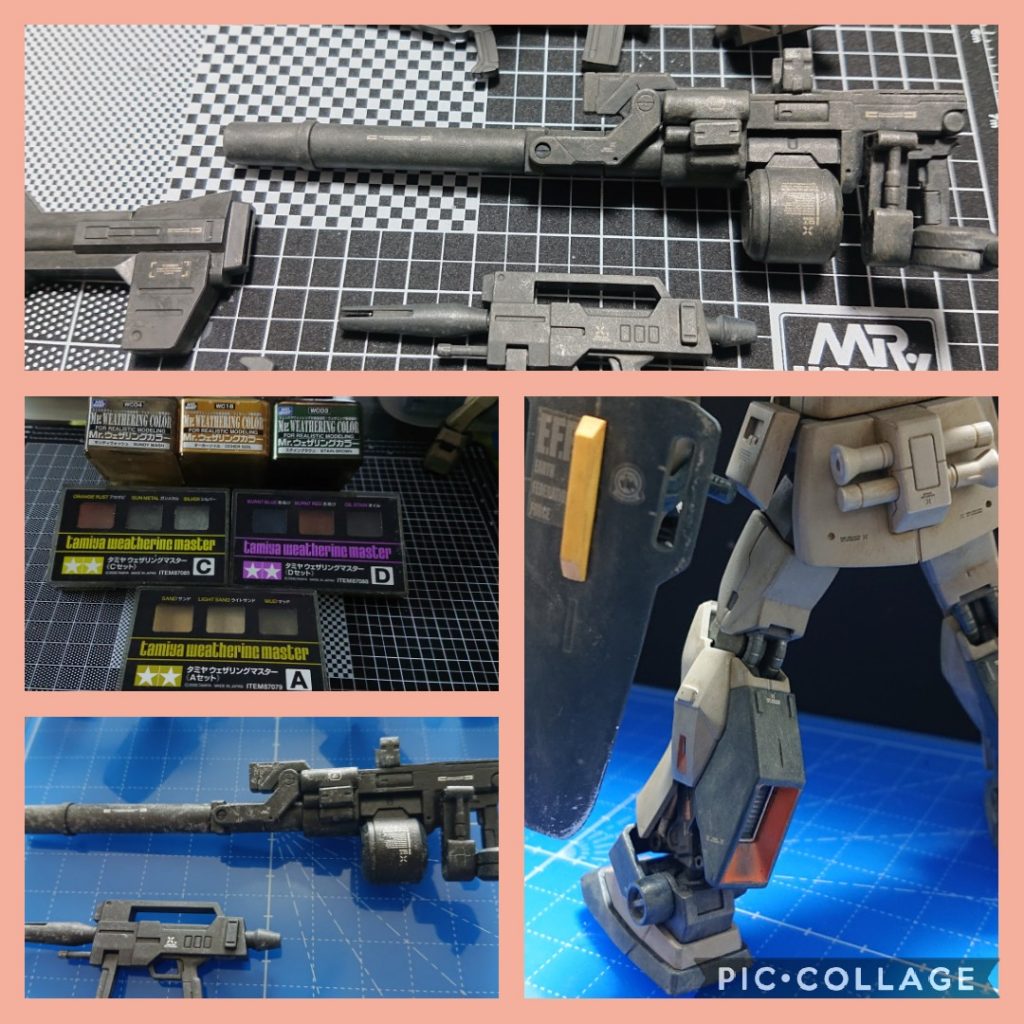 つや消しトップコートスプレーですが、スケジュールの都合により小雨の日の早朝にベランダで寝ぼけた状態で吹いたら失敗(白化/カブリ)しました。。😵(左下の画像)リカバリ方法調べたところ、ウェザリングでなんとかなるとあったのでそのままいっちゃいました🚀結果、リカバリ？出来ました😃(いちばん上の画像)ウェザリングは今回もタミヤウェザリングマスターとMr.ウェザリングカラーでサンド系のものを多く使いました。自分のウェザリングはウォッシング的な感じでチッピングとかしていないので次回以降はもっと色々な手法を試せたらなと思います。