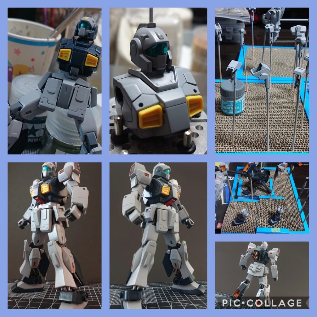 はじめてのサーフェイサーです。水性タイプがこの度発売されたため使用してみました🙋とりあえず缶スプレータイプを使ったのですが、調子にのって吹きすぎてしまい、塗料溜まりみたいな箇所がたくさんできてしまいました。。そちらはヤスリで削って瓶タイプのサフで塗り直しました。「をーこれがサフ萌え？」みたいな気分を味わいつつ、本塗装を。当初はメインカラーは説明書の指定色に近いセールカラーで考えていたのですが、せっかくの初サフだったのでそのまま吹きっぱなしにしてみました。結果、他の色との感じでガンダムMk-Ⅱみたいな雰囲気になりました。オレンジ部分はマスキングしつつそこそこうまく塗り分けできたと思います☺️