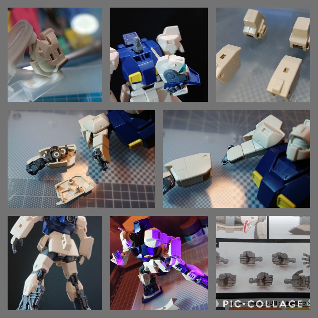 会わせ目消しは頭部と腕におこないました。前回よりはうまくいったかなと思います。後ハメ加工はWebの情報を参考にやりましたが、ニッパーで所々切り落とすので本当にうまくいくのか心配でした。。が、結果、うまくいきました😌この加工方法を独自に考えられる人は凄いですね😲💦Webの情報様々でした🙇その他、首を少しだけ延長しましたが接着が微妙で焦りました。プライマーや光硬化レジンでなんとかなりましたが思いつきでやるのは良くないなと思いました😧💦仮組みしてバランスを確認👀小顔で足が長い‼️😲首は少し延長したおかげで左右の首振り稼働がスムーズになりました😌あとハンドパーツが豊富でうれしかったです✊