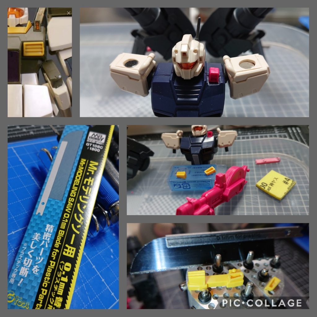 画像左上の見本を元に胴体部分をなんちゃって改造しました。左肩のセンサー部分はR-jajaの武器のスコープ部分を切り出して接地面を削って埋め込みました。コクピット部分はプラ板をはめ込んだだけですね😅その他、両肩にはマグネット埋め込み。胸のダクト部分は後ハメ加工の為に切断しています。今回、プラスチックの切断にはMr.モデリングソーを使いましたが、とても綺麗な断面でスパッと切れました。