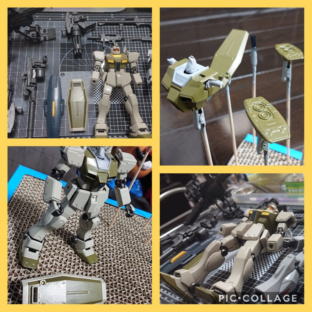 サフしてから塗装です。グリーン部分は水性ホビーカラーのH512 ロシアングリーンを使いました。ホワイト？部分は説明書の指定色よりセールカラーの割合を増やし、ほんのりカーキを加えたオリジナルカラーです。エアブラシで塗装するつもりだったのですが、締切と天候の兼ね合いから筆塗り全塗装で乗り切りました😅