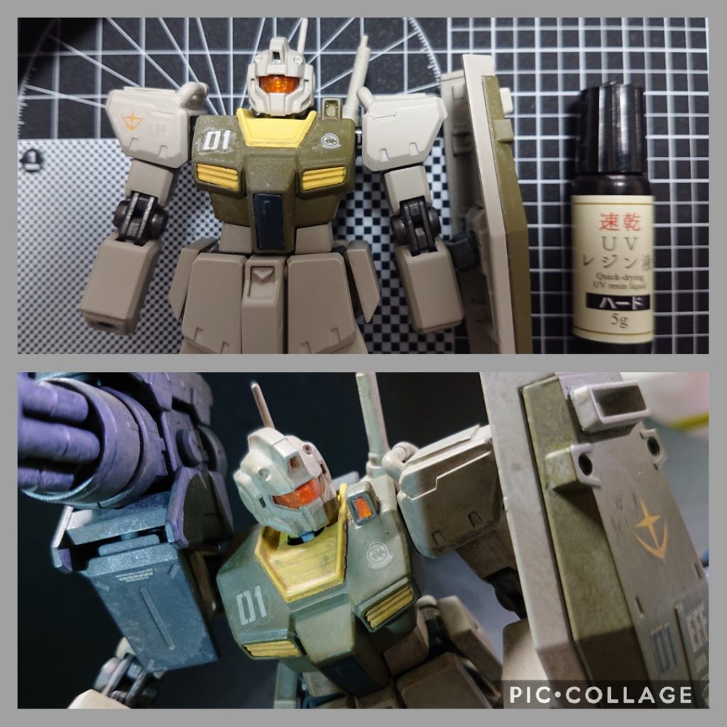 左肩のセンサー部分もアルミシールを貼った上にUVレジンを流してクリアオレンジで塗装しています。改めて見ると本体もつや消しトップコートで白化/カブリ起きてましたね。。😅結果的にウェザリングでリカバリーできたものの、今後は天候等にも注意して吹かないといけませんね💦以上、今回も長文失礼しました‼️ありがとうございます🙇