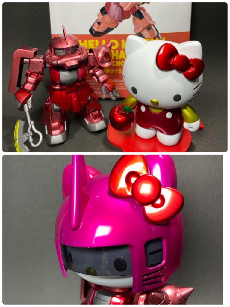 シャア専用ザクとキティのコラボ品ヘルメットはキティらしくピンク系で仕上げ