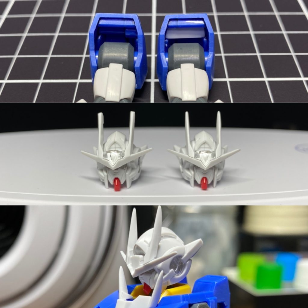 主な工作です。ショルダーパーツが裏からダボが丸見えだったので削りこみプラ板で蓋押して、ブラックで塗装しています。頭部は各所をシャープ化、アンテナは塗り分けを行う部分にスジボリを追加しています。他には合わせ目消し、ディテールアップ、モールドの掘り直しなどを行っています。