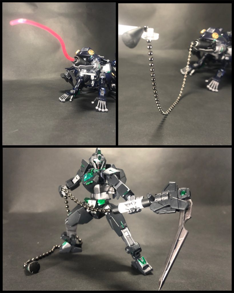 武器紹介⑤ジライヤ用巻物2種ジライヤ用の装備として作られた巻物。口部の砲塔に装填することでビームベロや鎖ベロが使用可能となる。巻物[光]ビームベロ用の巻物。要は(範囲は限定されるが)自在に曲げる事ができるビームサーベル。もちろん手持ちも可能。また、口部や焙烙火矢に装填した場合はビーム射撃用のカートリッジとなる。巻物[鎖]鎖が仕込まれている巻物。単体では鎖の先端に付いた分銅で攻撃する。ビームベロをチェーンベロに変更することも可能。忍者刀:弐型と組み合わせると鎖鎌になる。以上、忍具あれこれでした。火遁の術！みたいないわゆる魔法的な忍術も派手で良いんですが…今回はちょっと地味かもしれないけど、実際に使っていた(と思われる)忍具をベースとしてガンプラに落とし込んでみました。でもだいぶ混ざっちゃってますねw