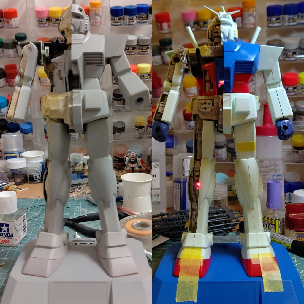 サフ後と改修前比較。下半身の形状は全く変更していません。元々固定になってる脚の取り付け角度の変更のみです。