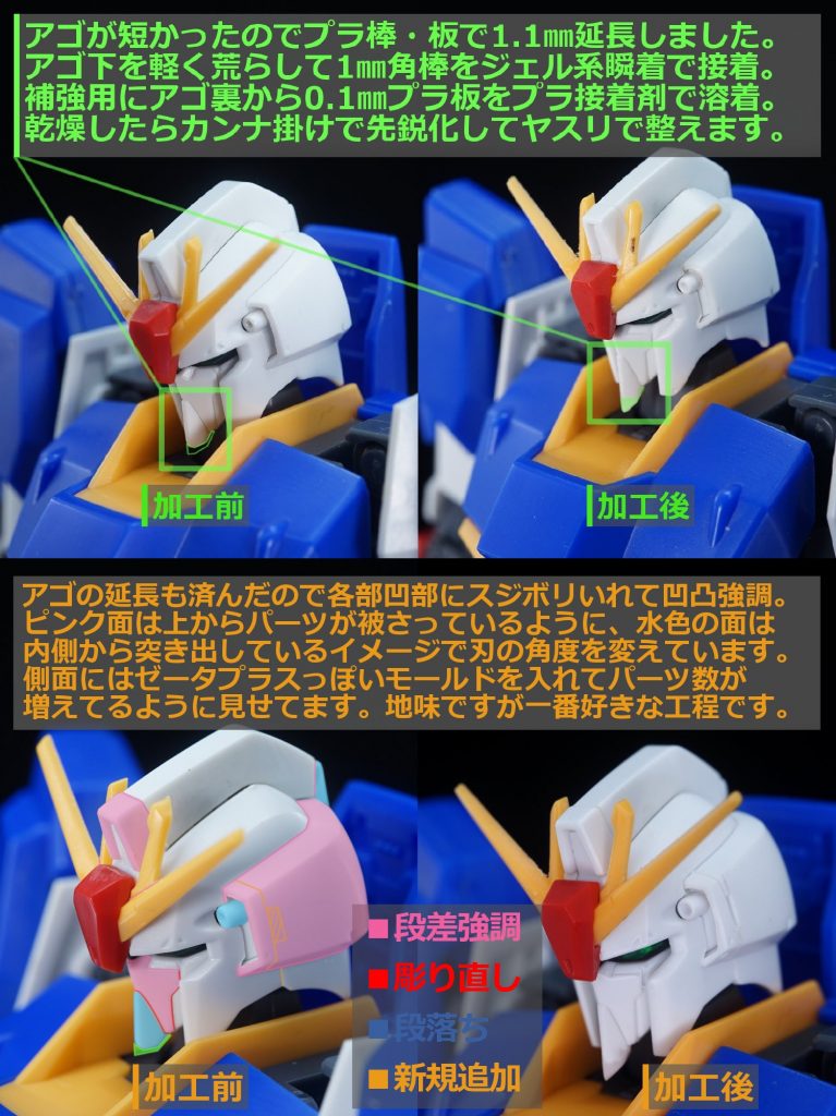・頭部への小細工アゴが短いのが嫌だったのでプラ板で延長し、アンテナも軽く削り込んで先鋭化フェイスや耳のあたりにスジボリを追加してゼータプラスよりにしています。