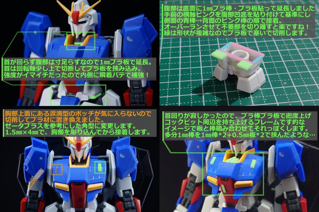 ・胸部周りの小細工胸部上面の涙滴型のポッチが気に入らなかったので、ゼータプラスを参考に角型の物に置き換えました。これは意図的にやってます。