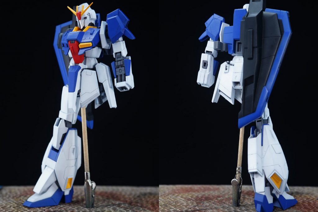 ・ラッカー塗装各部外装 白色 [(G)031 アルティメットホワイト]100%胸・肩部外装 青色 [(G)024 コバルトブルー]100%+ [(C)171 蛍光レッド]タミヤ匙1滴※1ml+タミヤ匙1滴コックピット等 赤色 [(C)68 モンザレッド]100%+ [(C)173 蛍光オレンジ]爪楊枝1滴※0.3+爪楊枝1滴アンテナ等 　黄色 [(C)329 イエローFS13538]100%スラスター等 黄色 [(C)329 イエローFS13538]100%+ [(C)173 蛍光オレンジ]爪楊枝1滴※0.3+爪楊枝1滴バインダー等 黒 [(C)GX2 ウイノーブラック]75% ： [(C)UG15 MSファントムグレー]25%ランチャー グレー1 [(C)339 エンジングレー FS16081]100%ランチャー グレー2 [(C)C306 グレー FS36270]100%バーニア等 [(G)20 ガンメタル]100%瓶生がメインですが、ちょこちょこ色味の調整はしています。