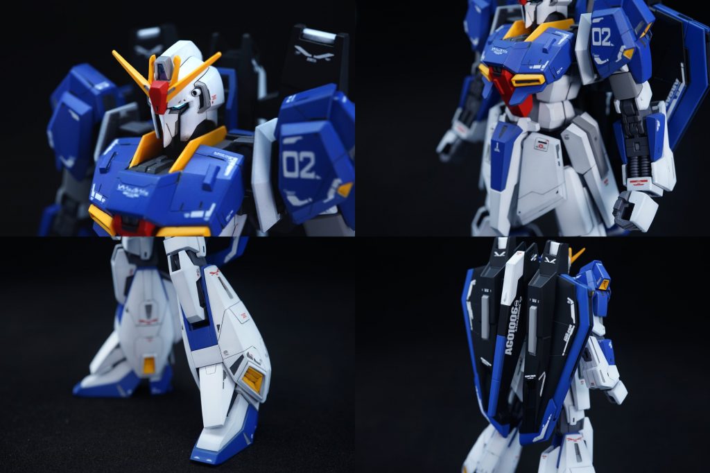 ○各部のアップ頭部はアゴを延長したりアンテナ尖らせて、ゼータプラスっぽいスジボリを追加。センサー類にラピーテープとオーロラフィルムを貼り付けて反射時にキラッと光らせています!分かりにくいですが肩口辺りもフレームっぽいモールドを追加して