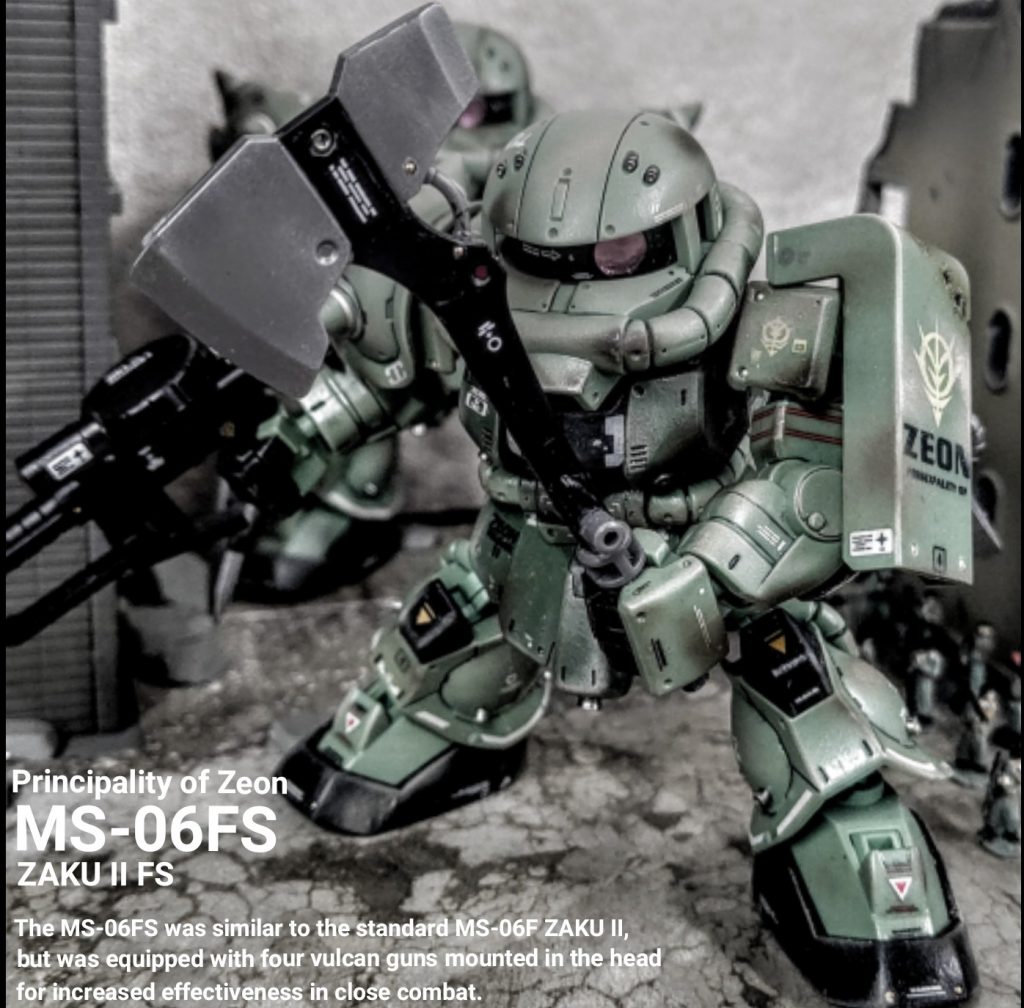 設定は公式のFS型そのまま。と言いたいですが、若干推進出力は上がってる程度。バックパックの５つのバーニアのうち真ん中の１つをプロペラントタンク+スラスターにしようかと悩みましたが止めました。宇宙仕様っぽくなっちゃうので。個人的に地上で泥まみれで戦っている方が好み。