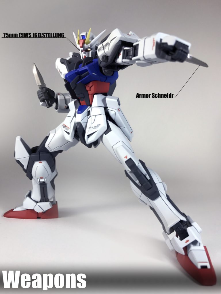 基本仕様・武装は「ストライクルージュ」と同様。実戦を想定しないパーツフィッティング機の性質上、ナチュラル用OSは導入されているものの、操縦支援AIは搭載しておらず、パイロットの生存優先に起因する、制御系へのAIによる介入が行われない為に、機体色は¨ルージュ¨では無くオリジナルと同色であると設定しました。