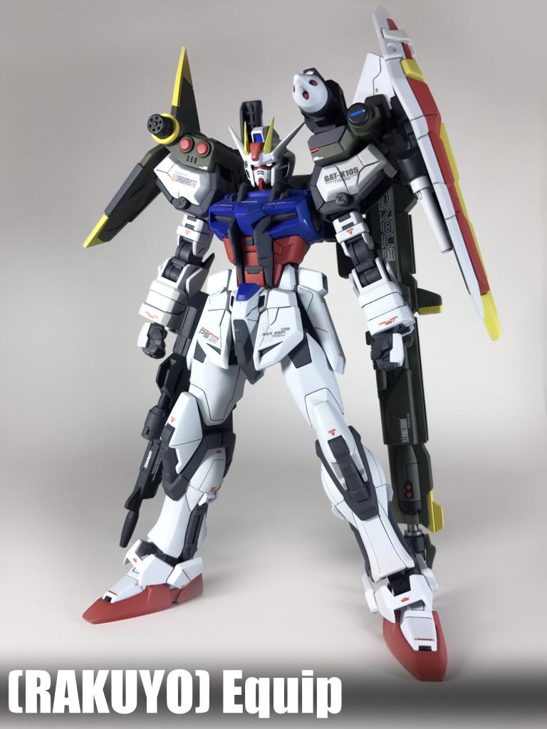 ・AQM/E-X03-C3+EW-X03Y ラクヨウ「 ランチャーストライカー改3式」を含めた、複合兵装から成る武装一式。中立国・島国であるオーブの沿岸水域・航空母艦及び本土防衛を目的とし、対空迎撃・対艦砲撃を行う事で、敵戦力の防衛目標接近前の撃破を目的とした戦闘ドクトリンの総称。「 ランチャーストライカー改3式」に加え、「ユニバーサルマウントポット」「試作型電磁加農砲」を装備しています。