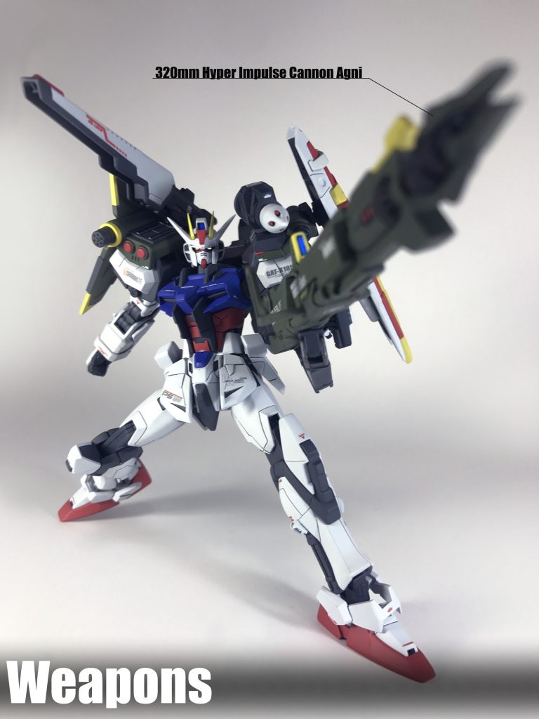 主兵装『320mm超高インパルス砲「アグニ」』の改良型。同じく「アグニ」の改良型である、フジヤマ社製「サムブリットストライカー」に搭載されている『超高インパルス砲「アグニ改」』とは異なり、主に運用上の信頼性を強化を図った内容となっています。銃身上部にポートが加えられ、軽量化が成され、排熱効率が向上、銃口部分の改良により、バーストインパルスの微細な調整が可能となり、発砲時の安定性に貢献します。