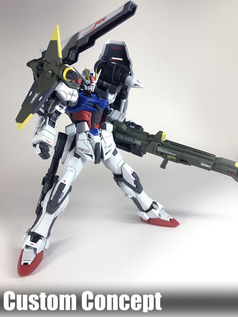 ストライクガンダム ラクヨウ装備 制作概要「オーブのアナザーストライク&ランチャーストライクのニアシンメトリー化」を制作コンセプトに、作品の世界観に即しつつも、あくまで自分好みの¨ルージュ¨ではないオーブのストライクとして作りました。ベースキットは「HGCE ストライクルージュ」です。立体化されている様々な「ストライク」を参考にディテールアップを行いました。