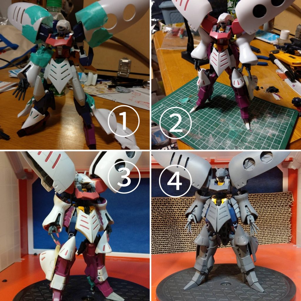製作工程です。①~②の間で迷走してますね（笑）。カラーリングは永野版キュベレイを参考にしつつホワイトとパープルを基調としました。リヴァイブ版キュベレイを使用したのでマスキング箇所はかなり少なく塗装できました。　最後までご覧いただきありがとうございました。