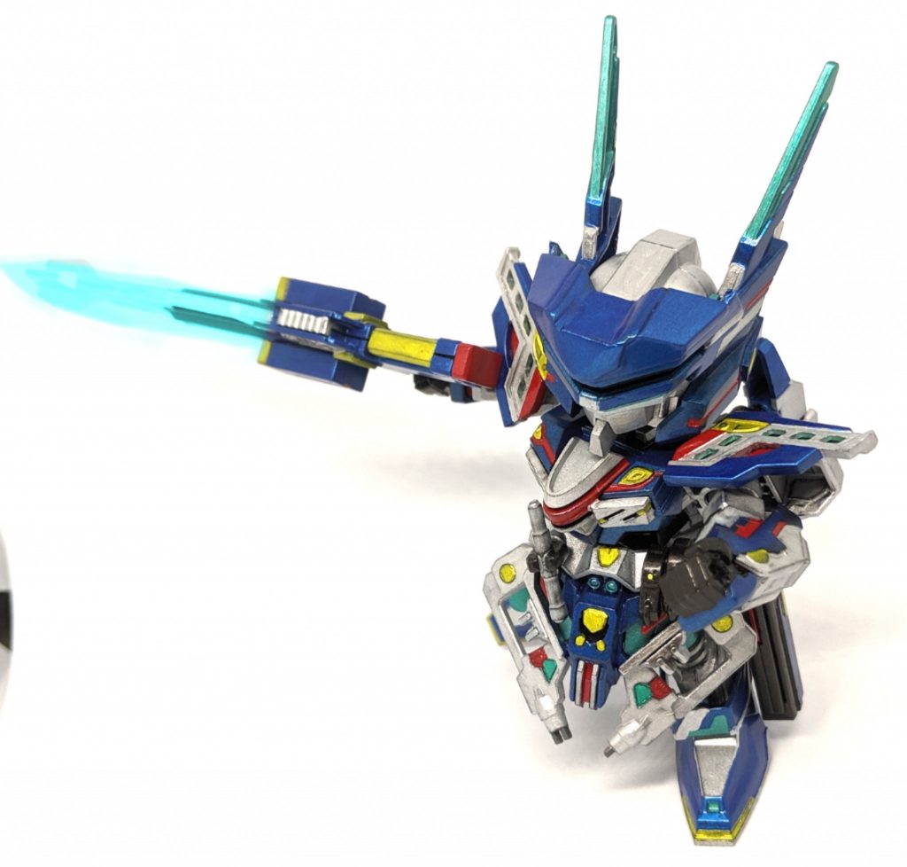 ビームランチャーMk-Ⅵ「本機が使用する専用武装、大出力かつ高威力なビーム砲としての運用が基本だが、銃身にエネルギーを集中させる事で大型のビームソードとしても使用する事ができる。」そのままではモチーフ元のネタが分かりにくいので、MSGシリーズの武装を改造した物を持たせてみました。