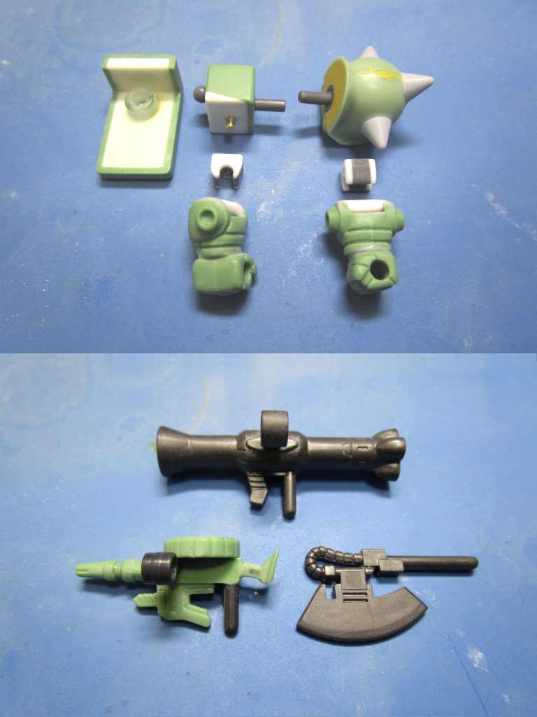 スパイクアーマーはアサルトキングダムのザクの物に、ビルダーズパーツ1/144MSスパイク02を取り付け。拳は切り離して向きを変更。ヒジ関節はコトブキヤのHジョイント使用。ザクマシンガンはマイクロウォーズのザクの物を改造。スコープ部はHGUC、234シャア専用ザクⅡの物を取り付け。