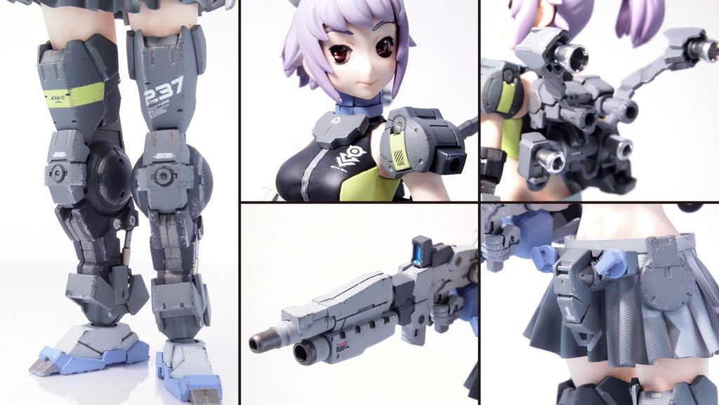 その他ディテール。外装や武装には軽めにチッピングとドライブラシでウェザリングを。左太ももマーキング「237」は…わかりますね。そういうことです。使用塗料はいつものようにアクリジョンメインで。本体はグレーグリーン。あとはブラックやニュートラルグレー、ジャーマングレー、赤鉄色やすみれ色など。髪の毛はすみれ色にクリアレッドを濃度を変えてグラデかけてます。部分塗装はシタデルのリードベルチャー、エナメルのシルバー、ゴールド。その辺ですw