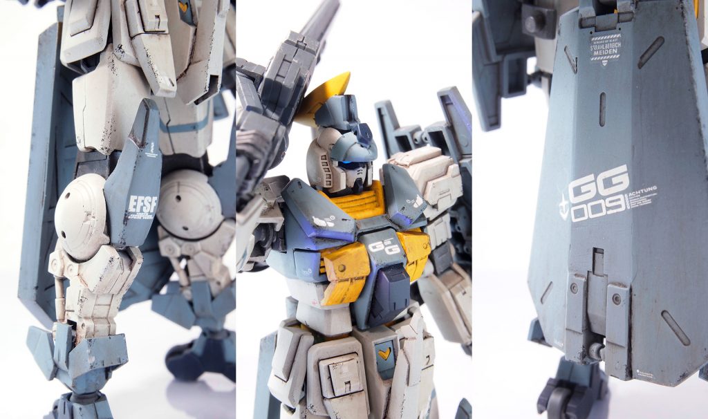 各所ディテール。歴戦の機体という感じを出すためと、ウェザリングを練習したいのでわりと派手めに汚しました。部位によってちぐはぐな感じもするので、まだまだ練習が必要ですね。