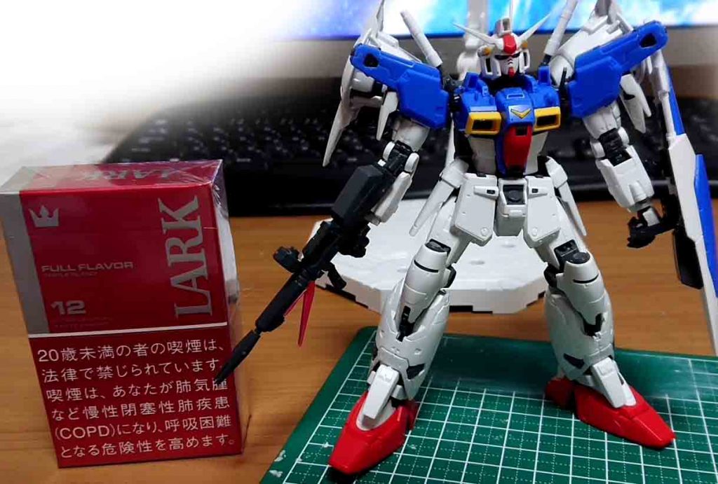 このサイズに、MGだと勘違いさせる構造、模型として素晴らしい！のですが、1／144に詰め込んだので各場所の強度が心配そして、コアブロックが差し替えなしでデキちゃうから、上半身と下半身がスグにとれます。こうして立たせるのも、結構、気をつかいます。