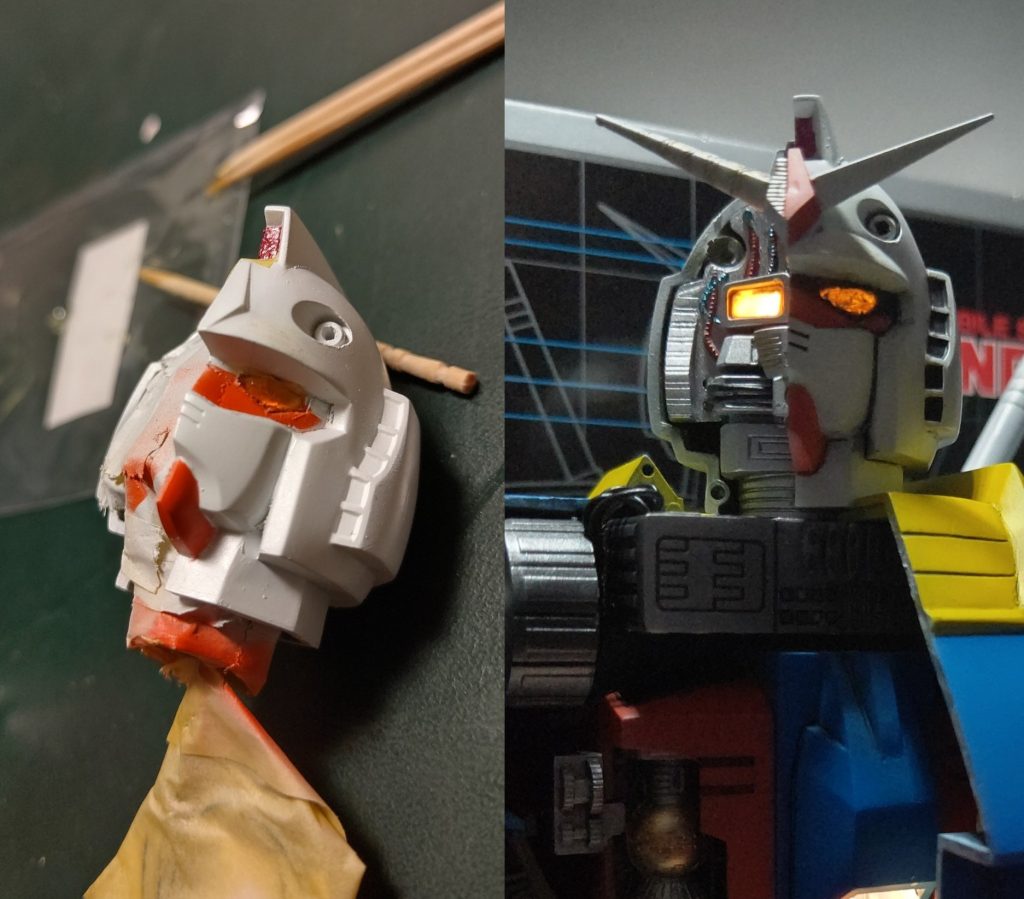 頭部形状はそのままですが、せっかく内部メカが発光するのに外装の目が透明じゃないので、くりぬいて黄色のUVレジンを流し込んでクリア化しました。