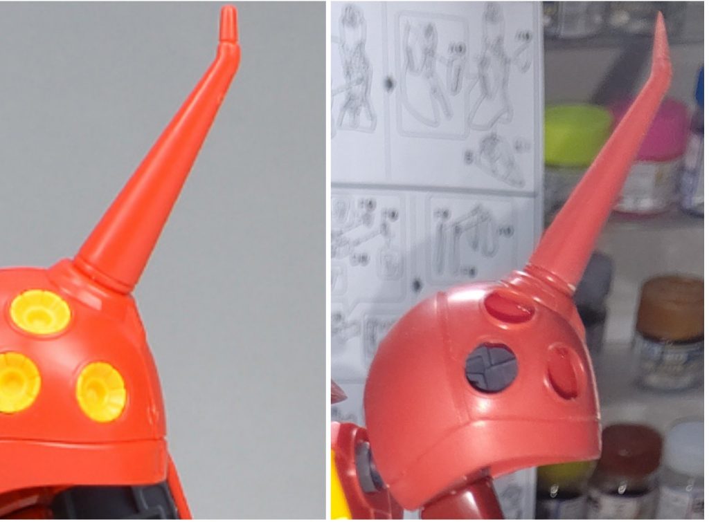 無改造ですが、頭部のツノと肩のトゲの先端が丸かったので尖らせました。そのまま削っても短くなるのと、小さい円錐形削るのも面倒だったので伸ばしランナー作って根本の部分を切り取って接着して整えました。