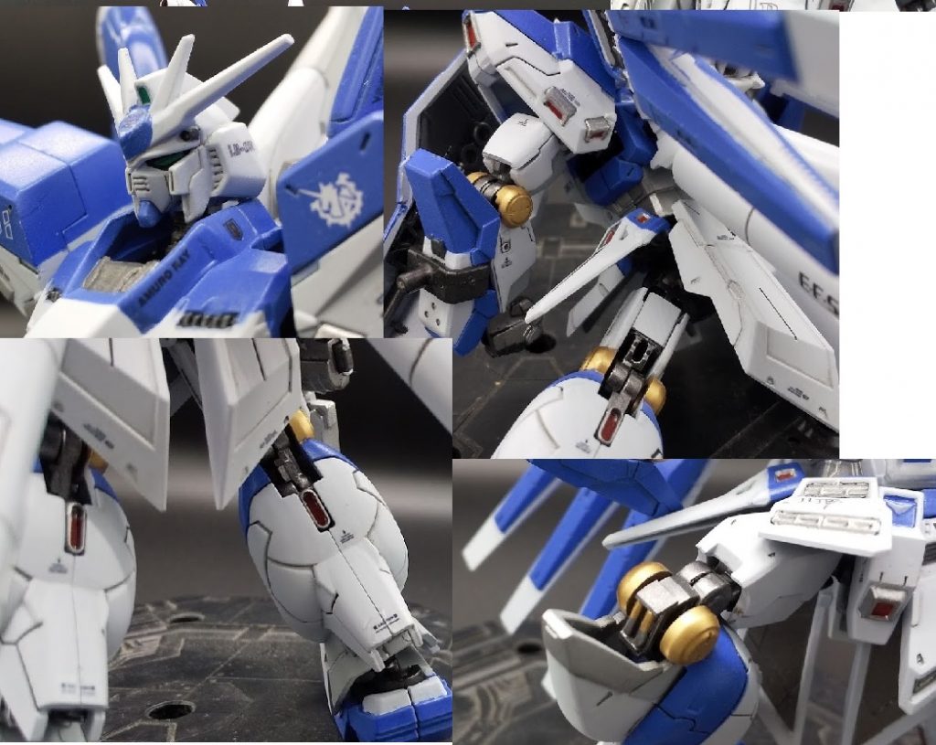 頭部はフェイスを少し奥まった位置に調整、フェイス横のタテスジホリを追加これはすごく簡単な工作なのですが効果絶大です。絶対にやった方がいいですね。アンテナは少しシャープ化していますが、破損が怖いのでとっきんとっきんには尖らせていないです。バルカン砲の穴は少し深くしましたがあまり変わらないかも膝裏ピン干渉回避用の溝にはスラスターを追加。ここは立体物によっていろいろあるのですが、ロボット魂の設定に合わせました。