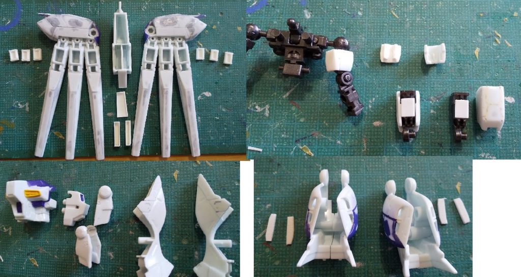 ファンネル、ウイング、プロペラントの肉抜きはプラ板でフタ、ディティールの再現はしていません。スタピライザーとファンネルのスラスターはそれらしく自作、バックパックのメインスラスターはドリルで穴を穿ってそれらしく修正コックピット、フンドシ、前腕左右の丸モールドを追加、膝左右はロボット魂にあわせて逆に埋めています。フクラハギ左右前面のダクトは開口、裏からスリット入りプラ板をかましてます。Gフレームの宿命、上腕と大腿部裏側のフレームむき出し部分はこんな感じに。大腿部裏側はプラ板を貼っただけなのですが、上腕は少し大掛かりな自作に。肩アーマーに多少干渉しますが、慎重に動かせば問題ないです。大腿部前面のモールドは意味不明＆ディティールをだるく見せている原因と判断し、埋めました。