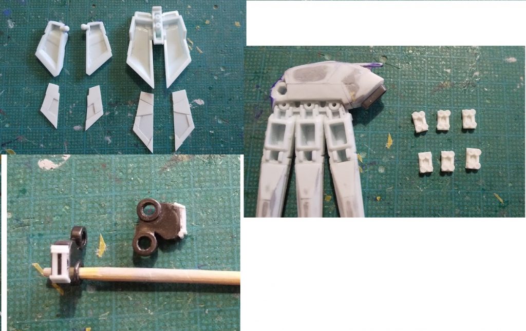 フロントとリアスカートにはプラ板で裏打ちロボット魂版の裏打ちは複雑なデザインなのですが、ここでは忠実に再現はせず、なんとなくそれっぽい雰囲気に今回、可動フレームも少しいじりました。膝裏、Gフレーム連邦系特有のピンは切り飛ばし、ピン干渉回避用の溝にはスラスターを追加。膝フレーム前面にはシリンダー風のディティールを追加。可動はしませんファンネルのスラスターはプラ板に2ｍｍ丸プラ棒を接着したうえでピンバイスで穴あけ中央の四角いスラスターについては1/4丸プラ棒を使います。エバーグリーンの１ｍｍクオータースクエアーといって、オークションで手に入れてきたツール類の中に入っていたものです。こんなん使い道あるのかなあ、なんて思っていたのですが、これには最適な素材でした。ウイング先端のスラスターは市販のものを接着