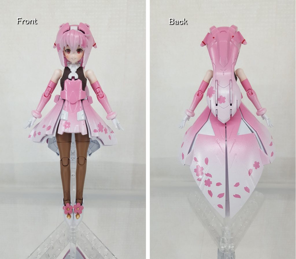 スカートと髪にはハイキューパーツの桜マスキングシートを使用し、桜の散る様子を表現してみました。マスキングシートは初めて使いましたが、貼り方が悪かったのか、所々上から吹いた色で下地の色が潰されてしまった箇所があります。筆塗りで修正したのですが、下地と同じ色がなかったので調合したところ、微妙に色が異なってしまいました。