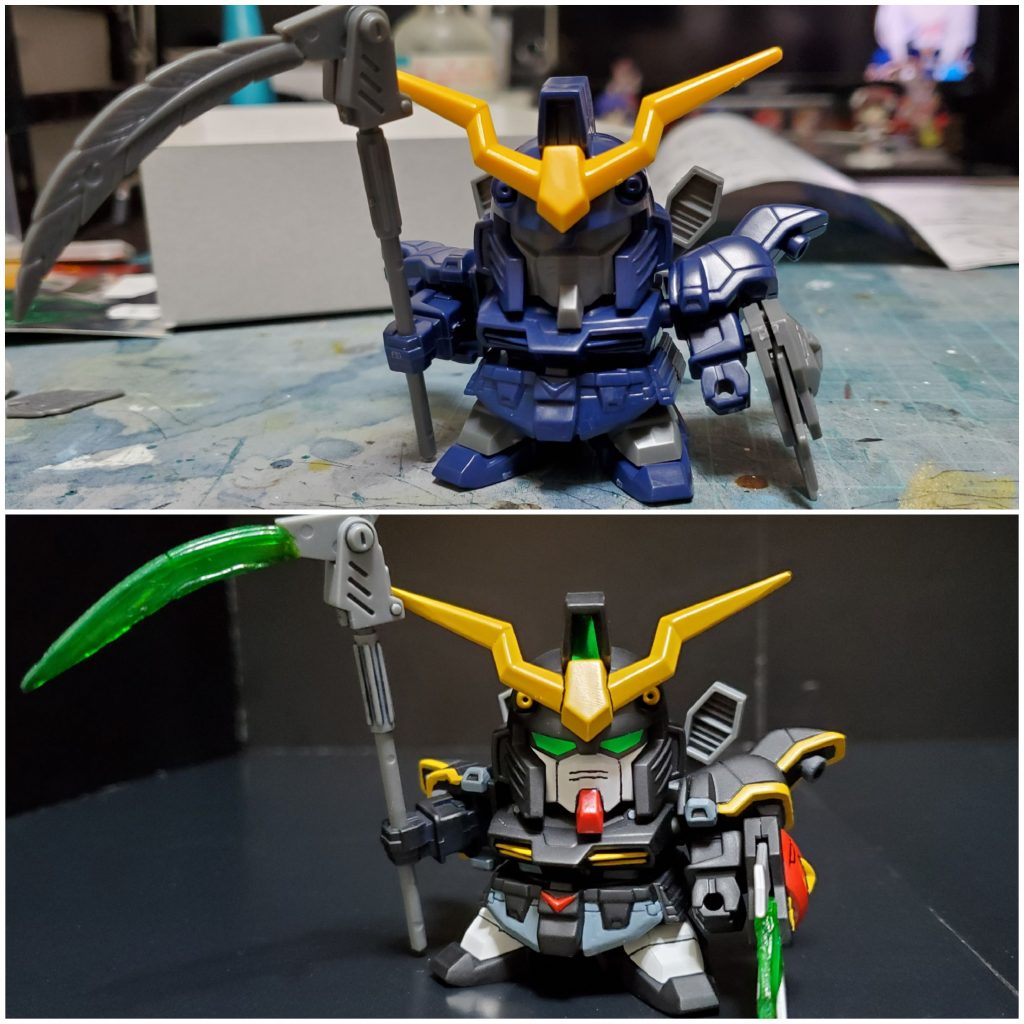 シールは貼っていませんが素の状態と比較。成形色の暗い青を黒に変えたのでグッとデスサイズっぽくなりました。