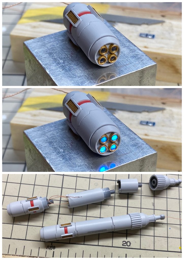 プロペラントタンクはコトブキヤ製に変更しノズルには先端を炙って丸くした光ファイバーを埋め込み