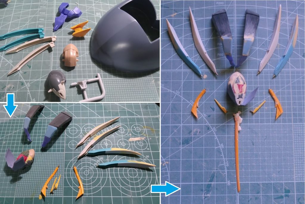 ストレリチアの記号である頭部。ガラッゾとブレンパワードのものを前後に貼り合わせ、旧キット1/144「ジオング」(40年前のキットだよ……)のスカートから対称形を切り出し、角度を変えて額のプレートに。ツインテールみたいな頭頂部の2段折れカバーは、旧キットの「1/220 メッサーラ」の胸部パーツ。形状、角度、まさにこのために作られたかのようなフィットぶり。これに旧キットHG(UCじゃない方の)「グフ・フライトカスタム」の足(※左下写真の黒いパーツ)を加工したものを接着。後頭部から伸びる4本のスタビライザーは「ガラッゾ」「ガッデス」で揃えて左右毎に形状出し。右写真に見える黄色いパーツはWAVE製の黄金電気騎士から……。