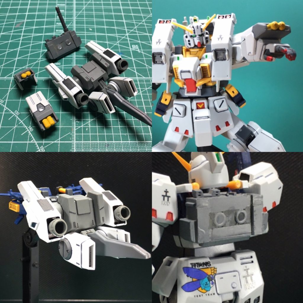 ①HGBC Ez-ARMS。ガントレットはヘイズル系で付属するマルチランチャーの弾頭を使用してミサイルランチャーに、バックパックは上部ブースターの接続をポリキャップ化してます。ヘイズルに装着する場合は自作の2穴変換ジョイントを介して接続します。途中でビーム・サーベルをセットできるように微改造しました。