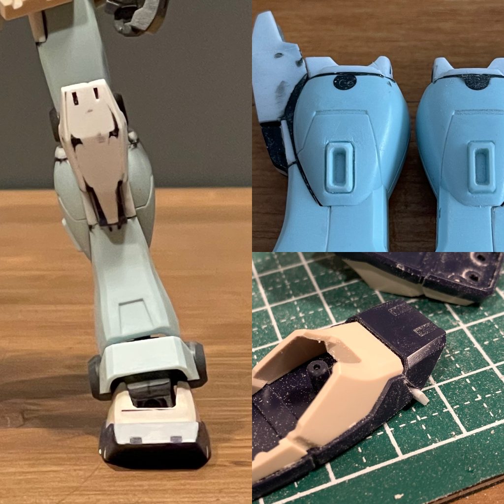 改造箇所の多い脚部。ジムカスタムをベースにつま先はジム改、膝アーマーにオリジンガンダムを使用。スリッパや関節周りをプラ材で形状変更しています。くるぶしとスリッパの接続をボールジョイントにし、アンクルアーマーからのラインがなだらかになるようにしました。