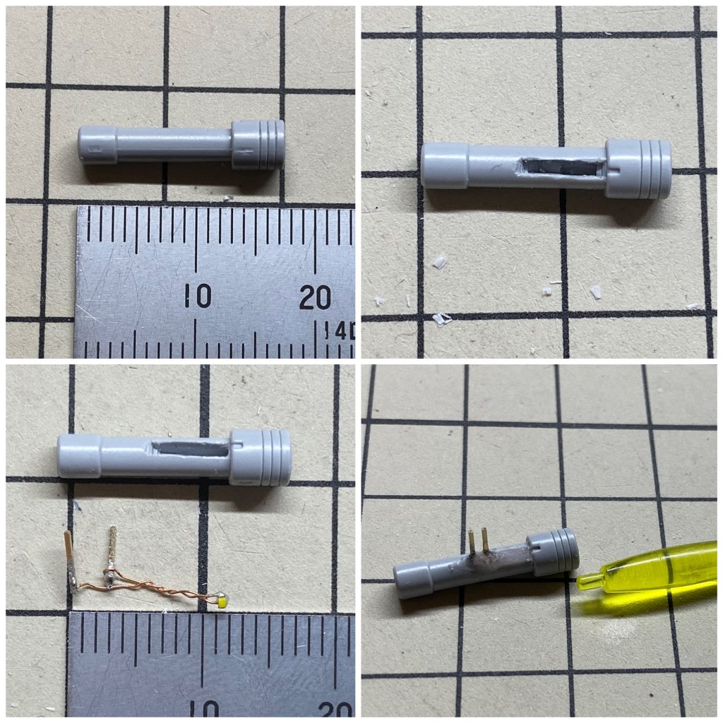 ビームサーベルにもLEDと接続端子を埋め込んで手のひらから給電できるようにしてあります。この方法なら着脱も可能でLEDを白色にしてあるのでビームパーツを別の色に変更もできます。