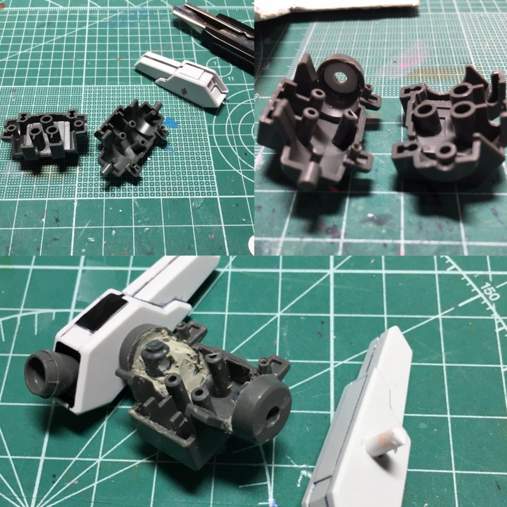 ①Ez-ARMSの可動部はポリキャップに変更するのですが固定する為、前後でのパーツ分割を変更。左右の円筒型パーツはモナカ割りなので、後ろ側のパーツの左右をエッチングソーで切り離し、前側のパーツに接着。元からあった3㎜軸を切り落として穴を開けています。　ブースターに3mm軸を植え、基部は内部を一部くりぬき、ポリキャップをエポキシパテで固定して仕込んでいます。