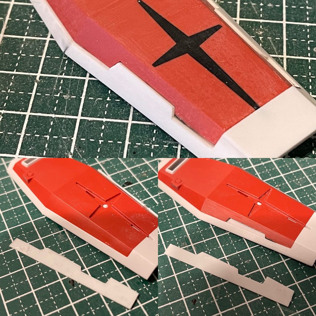 シールドはオリジンガンダムの物をベースにver.Ka版の特徴的な意匠を盛り込みます。先端の広い白フチは流用の名残としてそのままです。