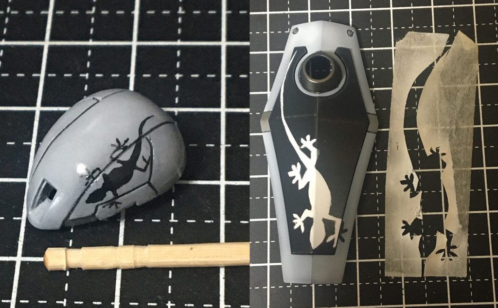 パーソナルマークは市販されていないので頭部は筆塗り、シールドはマスキングにて塗装しました。