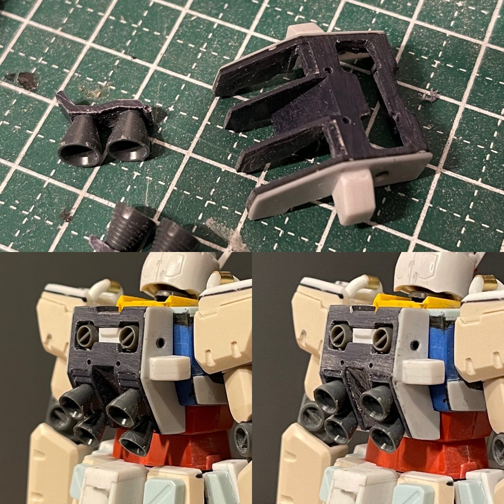 ランドセルはオリジンガンダムをベースにプラ材やコトブキヤのパーツで作成。バーニアがラッパ形状すぎるので、基部をずらして、少し埋まったバランスに変更しました。