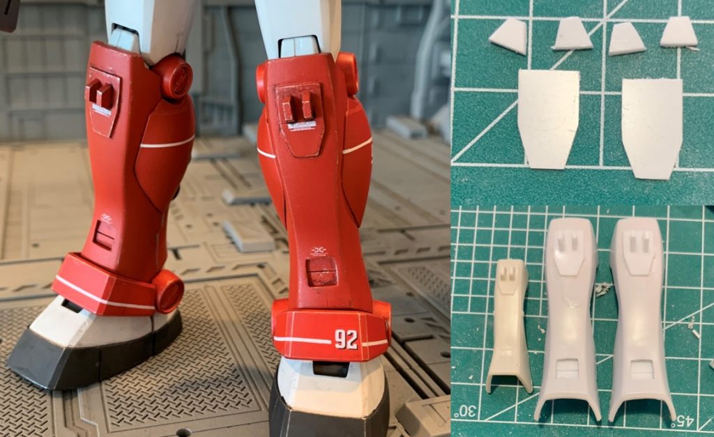 膝の突起とスネのシャッター?はオリジンHGの部品を参考にプラ板を切った貼ったして作りました。突起はデザインナイフで大体同じ四角形状に切り出した後、ニッパーで台形にカット、膝に貼り付けた後、2つの突起を同時にやすりで削って微調整しました。スネのシャッター?はドリルで適当な位置に穴を空けた後、四角断面の金やすりで四角い穴に整え、裏からプラ板を貼りましたました。アップでちゃんと見ると微妙に形状合っていませんが、細かい事は気にしない事が素人がこういう改造をやり切れるコツだと思っています(笑)