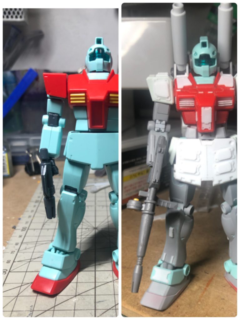 元キットとの比較です。白い部分はプラ板工作。首の延長。肩、胴、股関節をEGと交換して等身を伸ばしています。