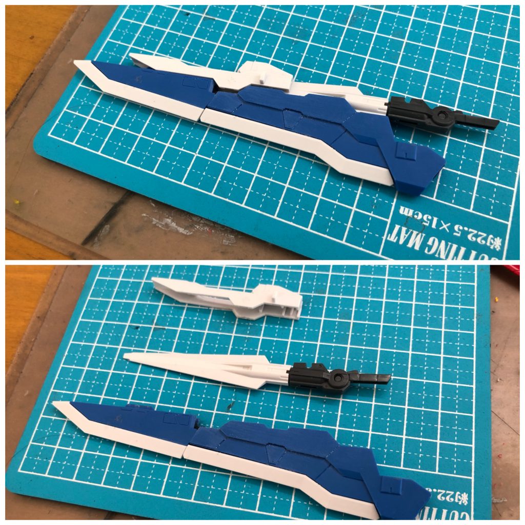 ミキシング武器です。上からストライクフリーダムのライフル、ダブルオーガンダムのGNソードⅡ、ブルーフレームのタクティカルアームズの一部です。接着したり塗装したりなんやかんやして完成しました。