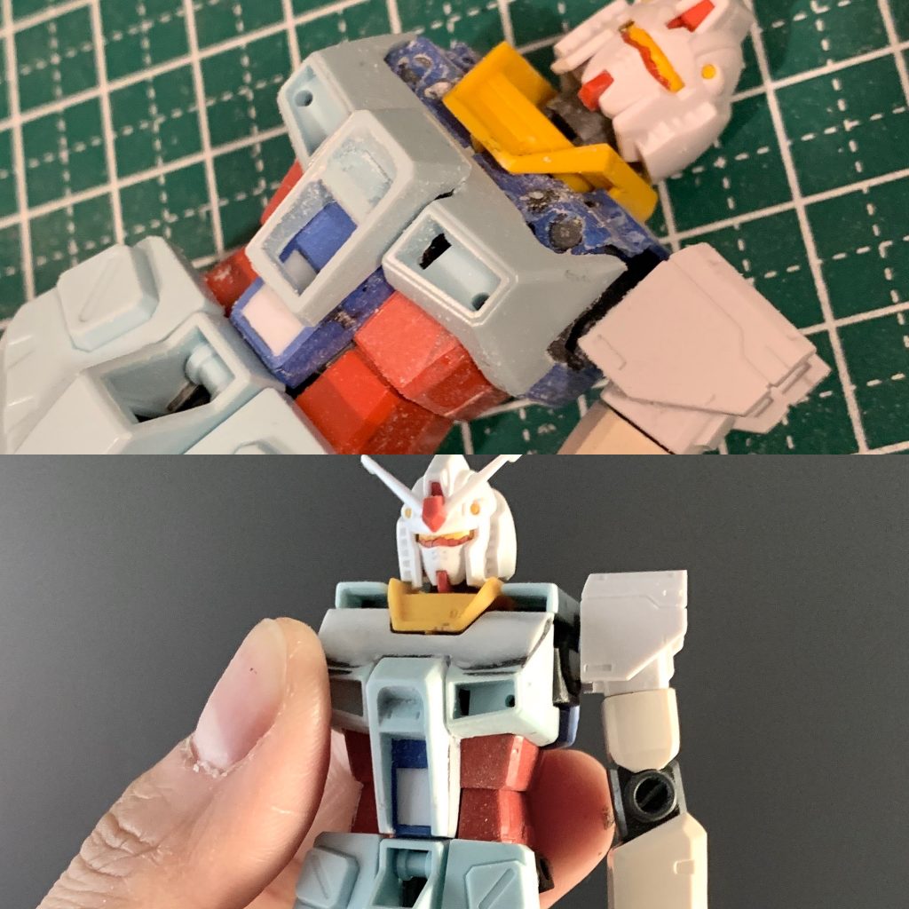 胴体はオリジンガンダムにジムカスタムの物を被せるように。襟はオリジンガンダムを元に整形。腹部の赤い部分はそのまま使用しています。